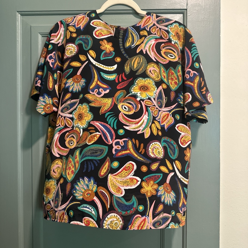 Vintage Adolfo Collectibles Floral Paisley Colorful Short Sleeve Top Size Medium